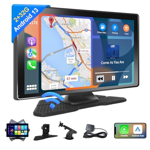 Podofo 9 Zoll Wireless Apple Carplay Android Auto Tragbarer Autoradio [2+32G] Android 13 Auto Stereo Radio mit Bluetooth, WiFi, GPS Navi, UKW-Übertragung, Apple Airplay von podofo