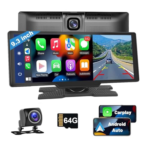 Podofo 9.3 Zoll Tragbares Autoradio 2.5K Dual Dash Cam mit Wireless A-pple Carplay Android Auto Bildschirm，7-32V Touchscreen mit Sprachassistent/Bluetooth/FM Transmitter/AUX/64G TF Karte Foward Camera von podofo
