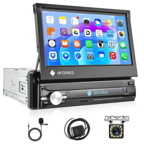 Podofo Android 12 Autoradio 1 Din mit GPS Navi und Bluetooth, 7 Zoll Flip Out Touchscreen Auto Stereo Radio mit WiFi FM/RDS Radio Spiegel-Link AUX-in + Rückfahrkamera & Mikrofon von podofo