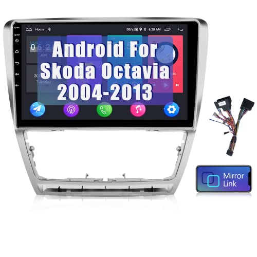 Podofo Android Autoradio Navi für Skoda Octavia 2004-2013, 10" Touchscreen GPS WiFi Bluetooth FM RDS Radio HD Bildschirm Spiegel-Link USB Auto Stereo Player für Skoda +Canbus (Silber) von podofo