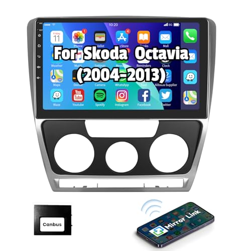 Podofo Android Autoradio Navi für Skoda Octavia 2004-2013, 10" Touchscreen GPS WiFi Bluetooth FM RDS Radio HD Bildschirm Spiegel-Link USB Auto Stereo Player für Skoda +Canbus (Silber) von podofo