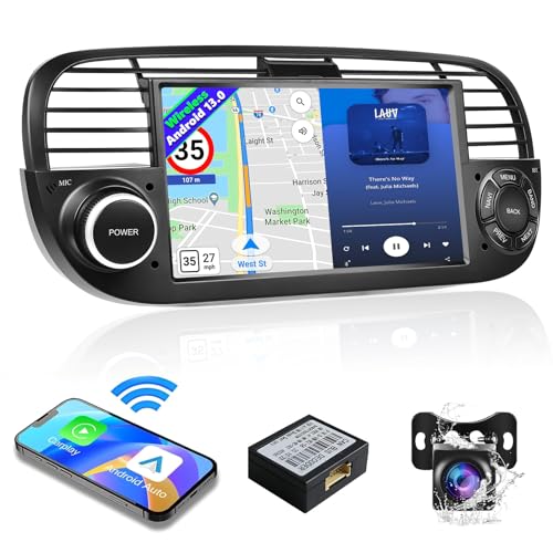 Podofo Android Autoradio für FIAT 500 2007-2015 Radio Wireless Carplay Android Auto, 7 Zoll Bildschirm Autoradio mit GPS Navi, WiFi, Bluetooth, RDS FM, USB, SWC, Mirror Link für Android/IOS von podofo