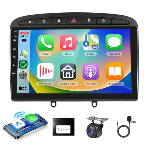 Podofo Android Autoradio für Peugeot 308 408 2007-2015, 9" Touchscreen Carplay Android Auto WiFi Bluetooth USB FM RDS Radio Auto Video-Stereo-Player für Peugeot +Rückfahrkamera+Mikrofon von podofo