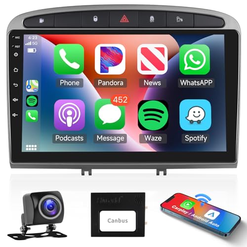Podofo Apple Carplay Autoradio für Peugeot 308/408 2007-2015, Android Auto GPS Navi 9" HD Touchscreen WiFi Bluetooth FM RDS Radio HiFi USB Autoradio +AHD Rückfahrkamera von podofo