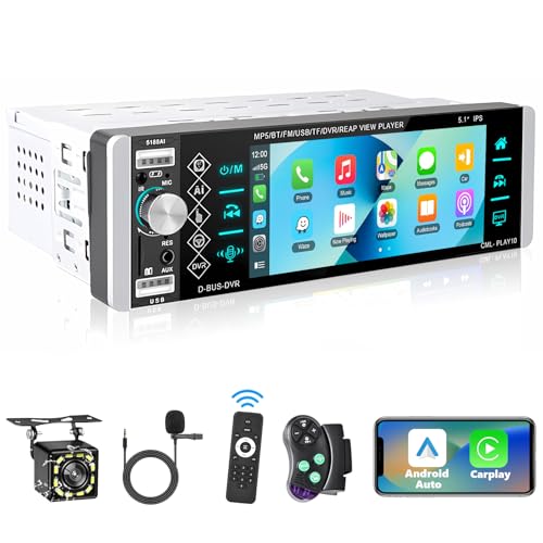 Podofo Autoradio 1 Din mit Apple CarPlay, Bluetooth, Android Auto, 5,1 Zoll IPS-Display Autoradio Unterstützt FM Spiegelverbindung, Rückfahrkamera und Mikrofon von podofo