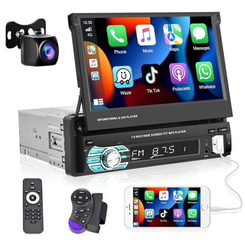 Podofo Autoradio 1 Din mit Apple Carplay Android Auto 7-Zoll Auto Stereo Radio mit Einziehbarem Bildschirm Display und Bluetooth/Android Auto/UKW-Radio/SWC/Spiegel-Link/USB + AHD Rückfahrkamera von podofo