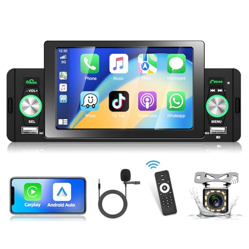 Podofo Autoradio 1 Din mit Apple Carplay Bluetooth 5.1 Android Auto Radio Stereo mit 5 Zoll Bildschirm Touch Display, FM Unterstützung, Spiegel-Link, Schnellladung + Rückfahrkamera und Mikrofon von podofo