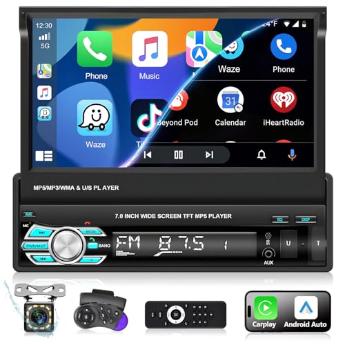 Podofo Autoradio 1 Din mit Apple Carplay und Android Auto, 7 Zoll Bildschirm Auto Stereo Radio mit Bluetooth Freisprecheinrichtung/FM Radio/SWC/Spiegelverbindung/USB + Rückfahrkamera von podofo