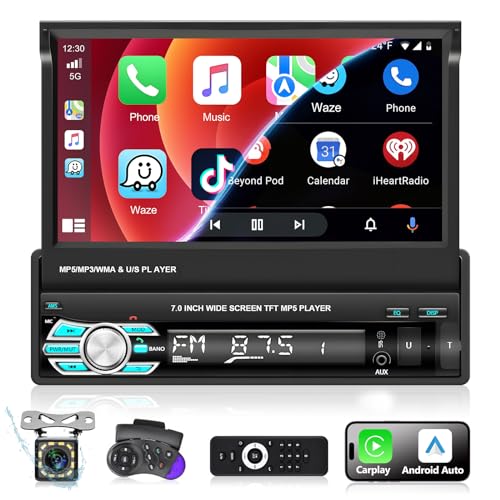 Podofo Autoradio 1 Din mit Apple Carplay & Android Auto, 7 Zoll Bildschirm Autoradio mit Bluetooth Freisprecheinrichtung/FM Radio/SWC/Mirror Link/USB + Rückfahrkamera von podofo