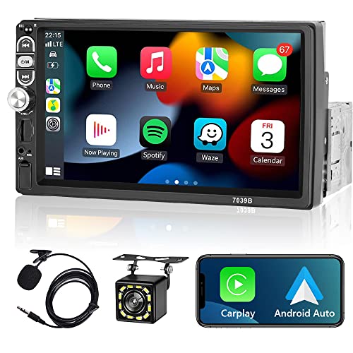 Podofo Autoradio 1 Din mit Apple Carplay und Android Auto | 7 Zoll Touch-Display | Bluetooth Freisprecheinrichtung | FM Radio | SWC | Spiegel-Link | USB-Anschluss | Rückfahrkamera Inklusive von podofo
