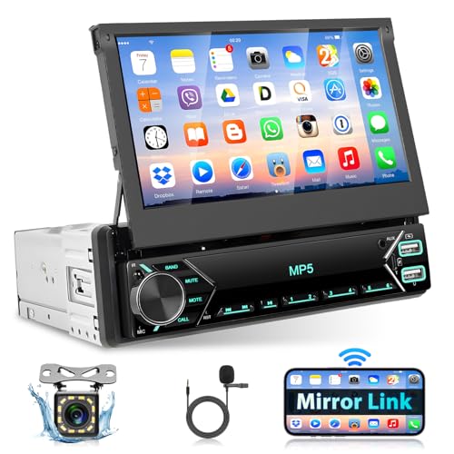 Podofo Autoradio 1 Din mit Bluetooth, Autoradio 1 Din mit 7 Zoll Touchscreen MP5 Player Unterstützung FM-Radio/AUX/Spiegelverbindung/Lenkradsteuerung + Rückfahrkamera & Mic von podofo