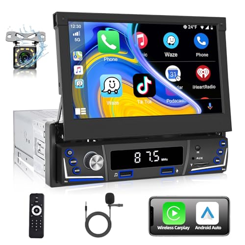 Podofo Autoradio 1 Din mit Drahtloses Apple Carplay und Android Auto, mit Einziehbarer Flip Out Bildschirm 7 Zoll Auto Stereo Radio MP5 für Auto mit AM FM Bluetooth 5.1 + Rückfahrkamera & Mikrofon von podofo