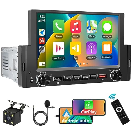 Podofo 1 Din Autoradio mit Wireless Apple Carplay/Android Auto，6,2 Bildschirm Touch Display Bildschirm mit Bluetooth Stereo Navi/FM/USB/SWC/EQ/HiFi/Mirror Link+Externes Mikrofon+Rückfahrkamera von podofo