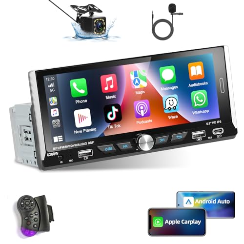 Podofo Autoradio 1 Din mit Wireless Apple Carplay Android Auto, Bluetooth mit 6.9 Zoll Bildschirm Autoradio Display Unterstützt RDS Spiegelverbindung, Rückfahrkamera und Mikrofon von podofo