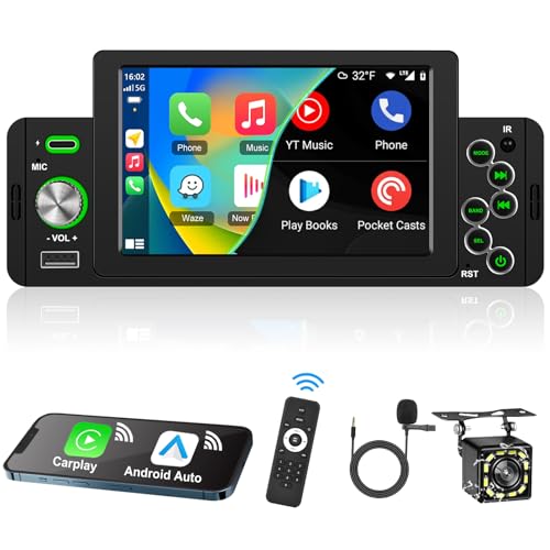 Podofo Autoradio 1 Din mit Wireless Apple Carplay Bluetooth Android Auto, 5 Zoll Auto Radio Stereo mit Bildschirm Display, FM Unterstützung, Spiegel-Link, Schnellladung + Rückfahrkamera und Mikrofon von podofo