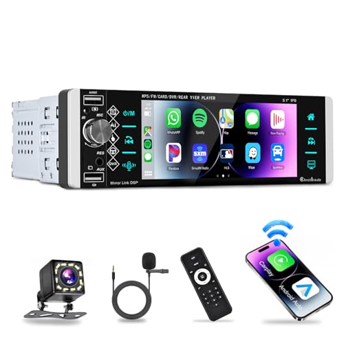 Podofo Autoradio 1Din Carplay Android Auto Bluetooth Radio Mit 5.1'' Bildschirm IPS 2 USB/Mikrofon/AUX/FM Lenkradsteuerung Mirror Link Mit Rückfahrkamera von podofo