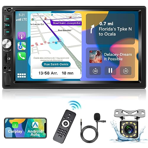 Podofo Autoradio 2 Din mit Apple CarPlay, Android Auto und Bluetooth, 7 Zoll Auto Stereo Radio mit HD Bildschirm Spiegel-Link/UKW Radio/Lenkradsteuerung + Rückfahrkamera & Mic von podofo
