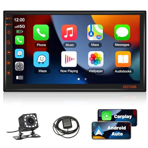 Podofo Autoradio 2 Din mit Wireless Apple Carplay Android Auto Bluetooth, Android 13 Doppel Din Autoradio mit 7 Zoll Bildschirm Touchscreen Display mit WLAN GPS FM/RDS + Rückfahrkamera von podofo