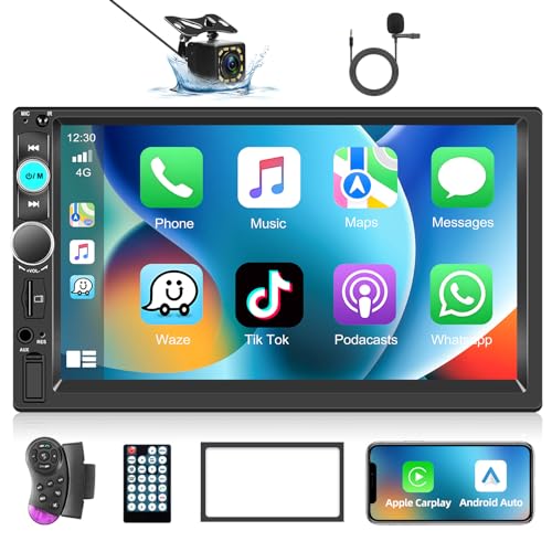 Podofo Autoradio Doppel DIN mit Apple Carplay Android Auto, 7-Zoll Touchscreen Auto Radio 2 Din Stereo mit Bluetooth, Rückfahrkamera, Spiegel-Link/UKW-Radio/AUX-in/Fernbedienung + Rahmen und Mikrofon von podofo