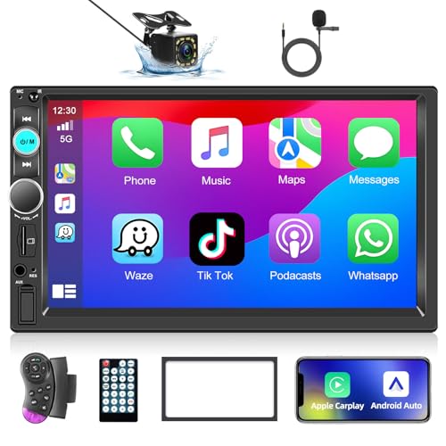 Podofo Autoradio 2 Din mit Carplay Android Auto, 7-Zoll Touchscreen Auto Radio Doppel DIN Stereo mit Bluetooth, Rückfahrkamera, Spiegel-Link/UKW-Radio/AUX-in/Fernbedienung + Rahmen und Mikrofon von podofo