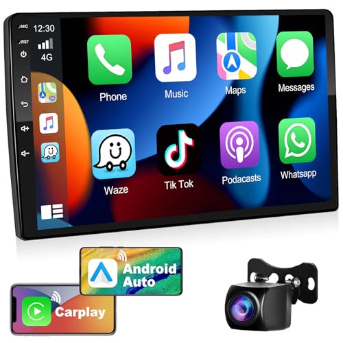 Podofo Autoradio Doppel Din mit Wireles Apple Carplay Android Auto 2G + 32G 10 Zoll Android Auto Radio Stereo mit Bildschirm, mit 26UI, GPS-Navigation, RDS, WLAN, UKW + Rückfahrkamera und Mikrofon von podofo