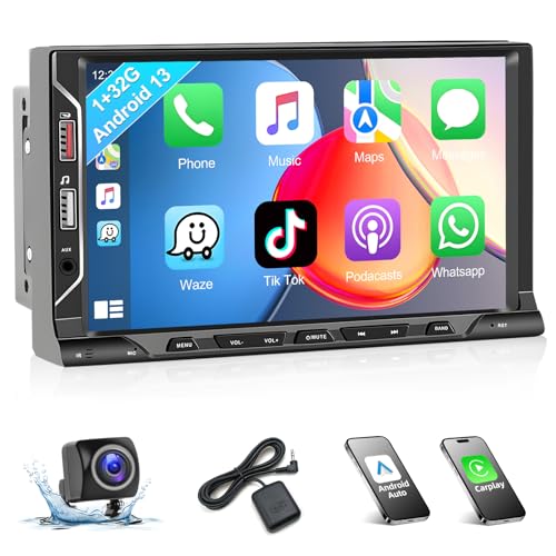 Podofo Autoradio Doppel Din mit Wireless Apple Carplay Android Auto Bluetooth, Android 13 Autoradio 2 Din mit 7 Zoll Bildschirm Touchscreen Display mit WLAN GPS FM/RDS + Rückfahrkamera von podofo