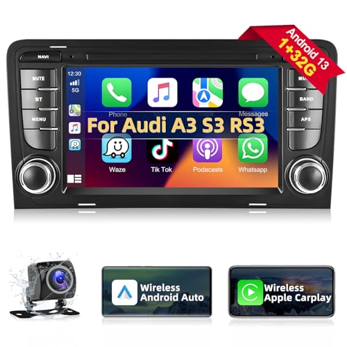 Podofo Autoradio für Audi A3 S3 RS3 2003-2012 mit Wireless Apple Carplay, 7 Zoll Android 13 Auto Radio mit Bildschirm, Bluetooth, HiFi, Android Auto, WLAN, GPS, RDS + Rückfahrkamera & Mikrofon von podofo