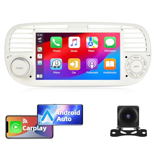 Podofo Autoradio für FIAT 500 (2007-2015) mit Kabellos Apple Carplay Android Auto 7 Zoll Stereo Display mit Bildschirm Autoradio mit Bluetooth, WiFi, HiFi, GPS, RDS + Rückfahrkamera & Mic von podofo