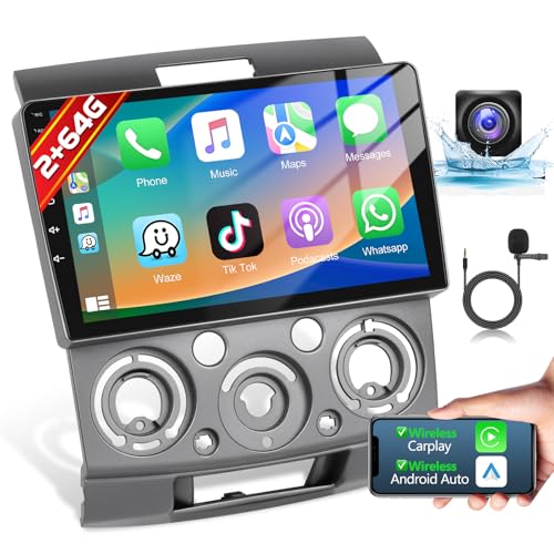 Podofo Autoradio für Ford Everest Ranger/Mazda BT-50 J97M 2012-2017 mit Wireless Carplay Android Auto, 2+64G 9''Touchscreen Radio mit Bluetooth,WiFi,GPS+Rückfahrkamera von podofo