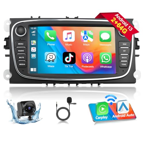 Podofo Autoradio für Ford Focus C-Max S-Max Mondeo Kuga Galaxy Mondeo 9 Kuga with Wireless Carplay Android Auto, 2+64G Android 13 Auto Radio mit 7" Bildschirm, GPS, WiFi, RDS + Rückfahrkamera & Mic von podofo