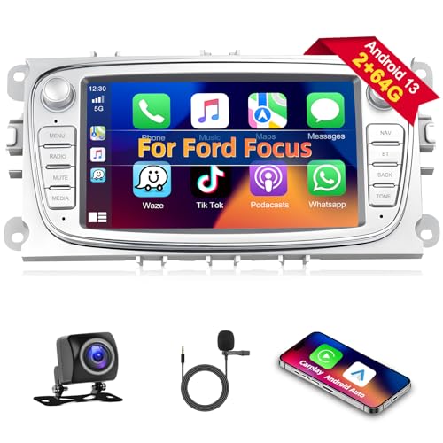 Podofo Autoradio für Ford Focus C-Max S-Max Mondeo Kuga Galaxy Mondeo Kuga with Wireless Carplay Android Auto, 2+64G Android 13 Radio mit 7" Bildschirm, GPS, WiFi, RDS + Rückfahrkamera & Mic, Weiß von podofo
