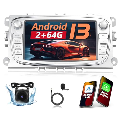 Podofo Autoradio für Ford Focus C-Max S-Max Mondeo Kuga Galaxy Mondeo Kuga with Wireless Carplay Android Auto, 2+64G Android 13 Radio mit 7" Bildschirm, GPS, WiFi, RDS + Rückfahrkamera & Mic, Weiß von podofo