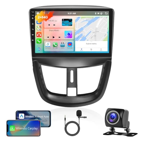 Podofo Autoradio für Peugeot 207 2006-2015 mit Wireless Carplay Android Auto, 9-Zoll IPS Touchscreen, 8 Core 2+64G, Android Autoradio Unterstützung Bluetooth/WiFi/Mirror Link/GPS+Rückfahrkamera von podofo