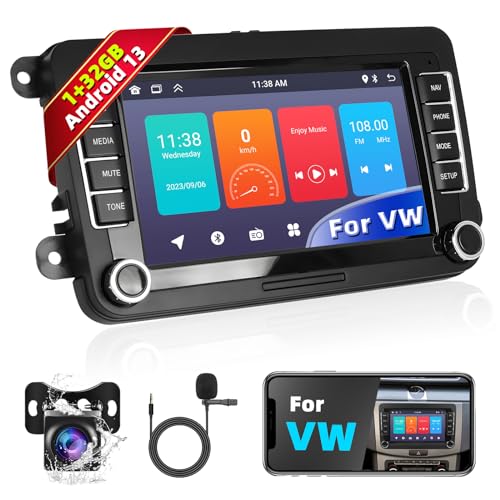 Podofo Autoradio für VW Golf 5 6 Seat Passat Polo Caddy Tiguan Touran mit Wireless Carplay&Android Auto, 1+32G Android 13 Bluetooth/Touchscreen/Navi/SWC/WiFi/Mirror Link/FM/RDS/HiFi/MIC+Rückfahrkamera von podofo