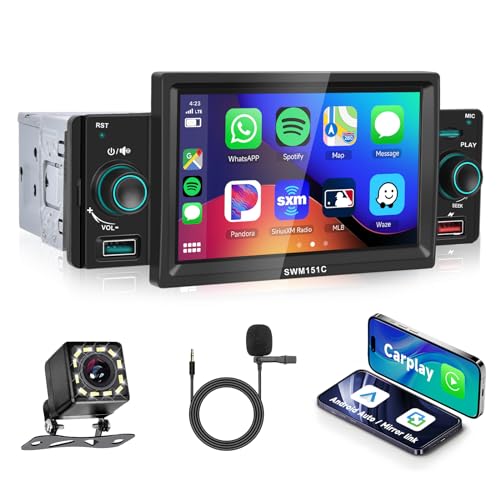 Podofo Carplay 1Din Autoradio Stereo Android Auto 5 Zoll Touchscreen Bluetooth 5.1/Mirror Link Adjuvans SD/2 USB/FM/EQ/SWC Mit Rückfahrkamera von podofo