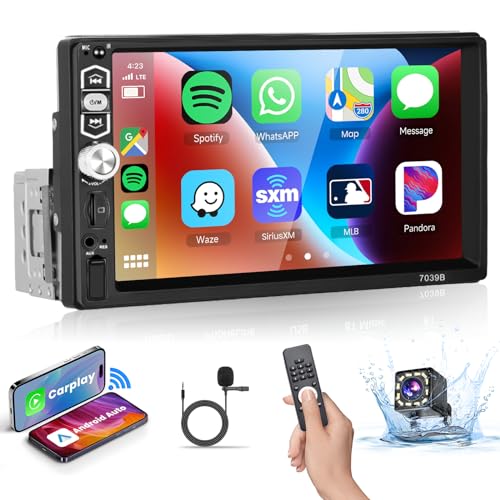 Podofo Carplay 1Din Autoradio mit Bildschirm 7'' Bluetooth 5.1 Android Auto Mirror Link für iOS und Android Mikrofon/SD/USB/Equalizer/Lenkrad Steuerung 7 Farbe Taste mit Rückfahrkamera von podofo