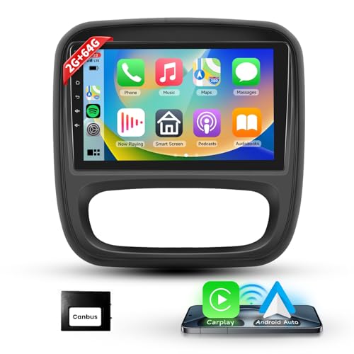 Podofo Carplay Autoradio für Opel Vivaro B/Renault Trafic/FIAT Talento/Nissan NV300, Android 2G+64G HiFi, 9" Touchscreen Android Auto GPS Navi WiFi Bluetooth FM RDS USB Auto Radio von podofo