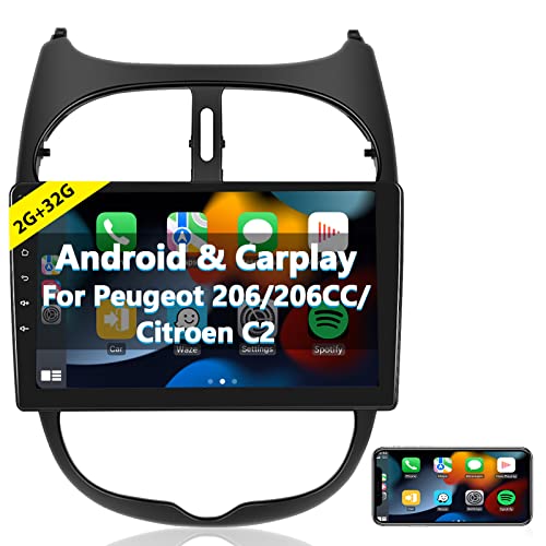 Podofo Carplay Autoradio für Peugeot 206/206CC 2001-2016 Cirteon C2, Android 2G+32G HiFi, 9" Touchscreen Android Auto GPS Navi WiFi Bluetooth FM RDS Radio USB Auto-Stereo-Player von podofo