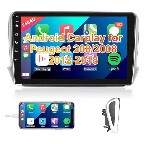 Podofo Carplay Autoradio für Peugeot 208/2008 2012-2018, Android 2G+64G HiFi, 10" Touchscreen Android Auto GPS Navi WiFi Bluetooth FM RDS Radio USB Auto-Stereo-Player von podofo