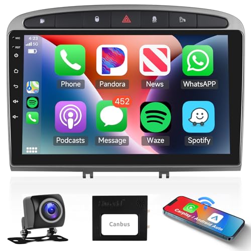 Podofo Carplay Autoradio für Peugeot 308/408 2007-2015, Android Auto GPS Navi 9 Zoll HD Touchscreen HiFi Bluetooth WiFi FM RDS Radio USB GPS +AHD Rückfahrkamera von podofo