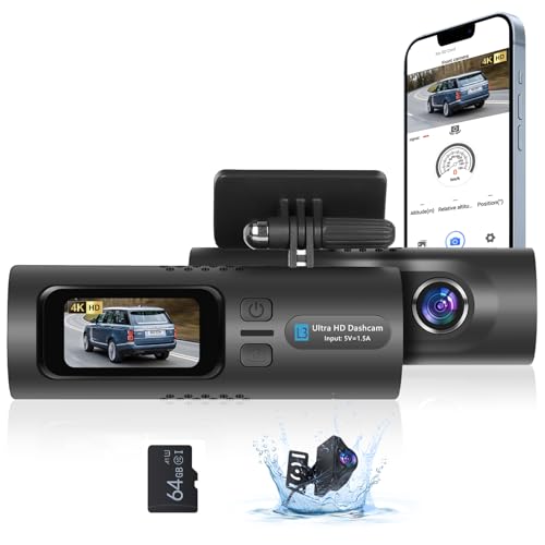Podofo Dash Cam, 4K HD Mini Frontkamera für Auto mit Schleifenaufzeichnung, Nachtsicht, G-Sensor, 24H Parkmodus, WiFi APP, 64G Karte + Rückfahrkamera von podofo