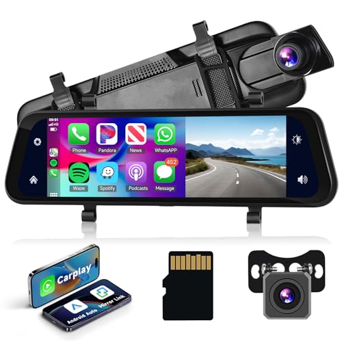 Podofo Dashcam Auto 9.66'' Touscreen Carplay Android Auto Wireless Dual Kamera System Bluetooth DVR WDR Loop Aufnahme mit 32G SD Karte mit Rückfahrkamera Nachtsicht AUX FM Transmitter 7-32V von podofo
