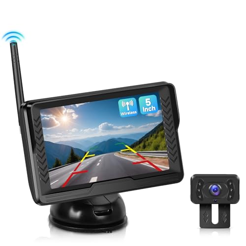 Podofo Digital Rückfahrkamera kabellos mit 5'' Monitor Set, AHD 6 LED Auto Rückfahrkamera Funk Nachtsicht Weitwinkel Saugnapf Einfache Installation，Kennzeichenkamera für Auto Caravan Van von podofo
