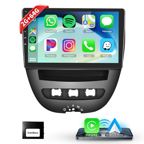 Podofo Drahtloses Carplay Autoradio für Peugeot 107/Citroen C1/Toyota Aygo, Android 2G+64G HiFi 10" Touchscreen Android Auto Bluetooth WiFi FM RDS USB Auto Navi Radio Player +Canbus von podofo