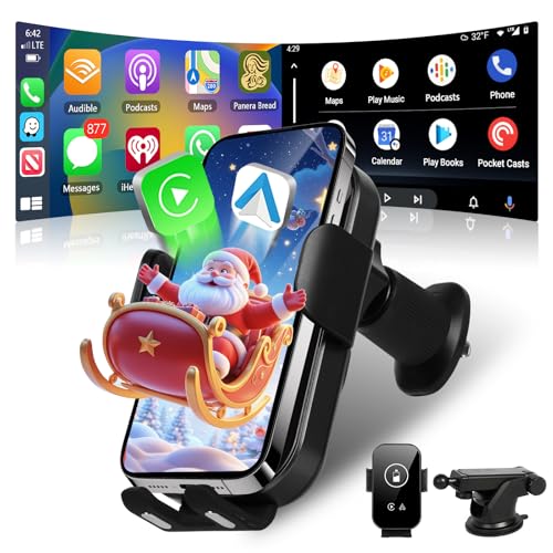 podofo Wireless CarPlay Adapter & Android Car Adapter 2025 Upgrade, 2-in-1 Carplay Stick Konvertiert Kabelgebunden zu Drahtlos, 15 W Fast Car Mobile Phone Holder mit Ladefunktion von podofo