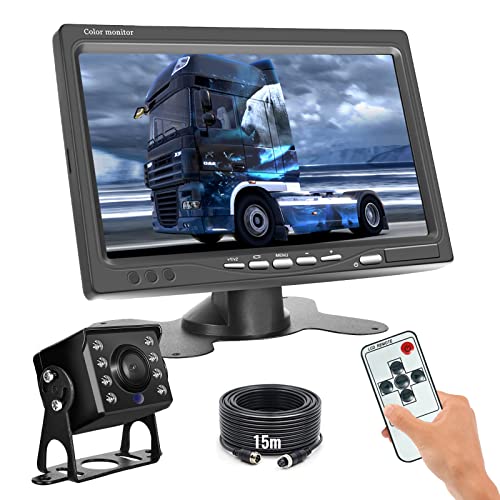 Podofo Rückfahrkamera Kit, 7" LCD-Monitor mit 15M-Kabel und wasserdichter Nachtsicht Kabelauto-Rückfahrkamera Parksystem-Kit 12V-24V für Bus/Anhänger/LKW/Wohnmobil/Wohnmobile von podofo