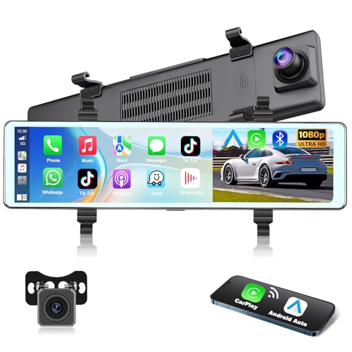 Podofo Spiegel Dashcam mit Kabellosem Apple Carplay, Android Auto mit HD Rückfahrkamera 11,26 Zoll IPS Touchscreen Dual 1080P Rückspiegel Dashcam Dash Cam Auto, 2 Geteilte Bildschirme, Bluetooth von podofo