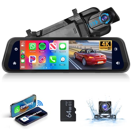 Podofo Spiegel Dashcam mit Rückfahrkamera 9.66'' Touscreen Carplay Android Auto Wireless Dual Kamera System Bluetooth DVR WDR Loop Aufnahme mit 64G SD Karte Nachtsicht AUX FM Transmitter 7-32V von podofo