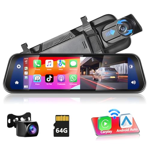 Podofo Spiegel Dashcam mit Wireless Apple Carplay, Android Auto mit HD Rückfahrkamera 9,66 Zoll IPS Touchscreen Dual 1080P Rückspiegel Dashcam Dash Cam Auto, 2 Geteilte Bildschirme, Bluetooth von podofo