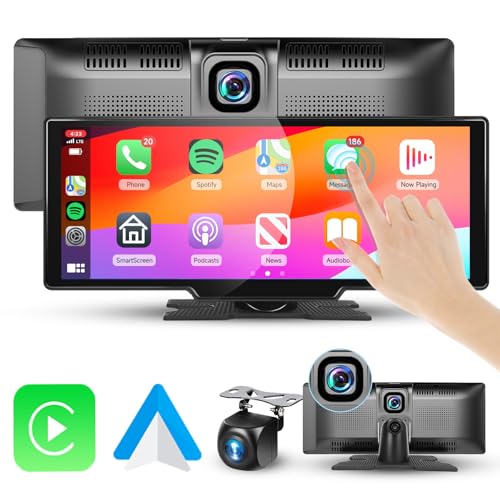 Podofo Tragbar Wireless Apple Carplay Bildschirm mit 2K Dashcam Vorne und HD Rückfahrkamera, 9,3-Zoll Drahtlosem Car Play Android Auto Touch Screen Display mit Bluetooth/GPS/Siri/FM/AUX/64G TF Karte von podofo